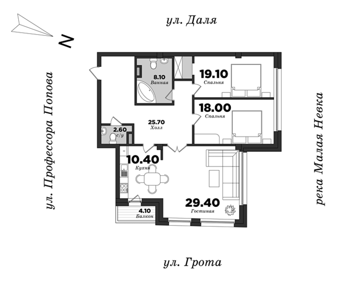 Дом на улице Грота, Корпус 1, 2 спальни, 115.94 м² | планировка элитных квартир Санкт-Петербурга | М16
